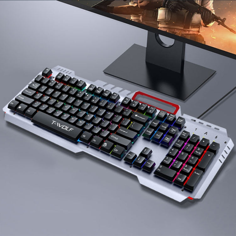 T-WOLF Tastiera cablata da gioco con piastra metallica con effetti di luce fantastici con supporto per telefono, T16