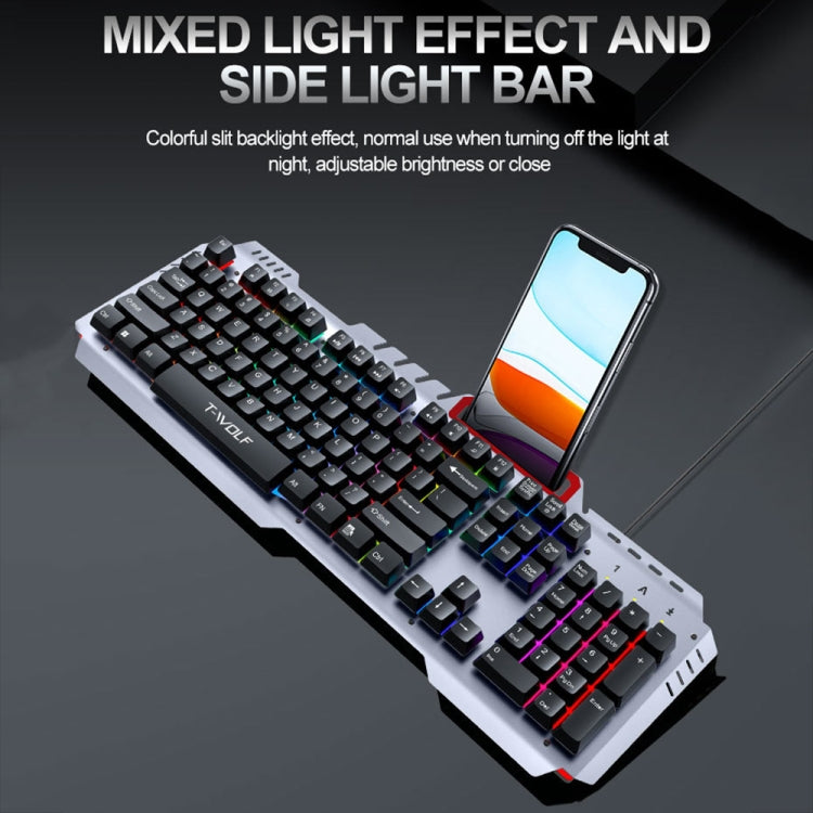 T-WOLF Tastiera cablata da gioco con piastra metallica con effetti di luce fantastici con supporto per telefono, T16
