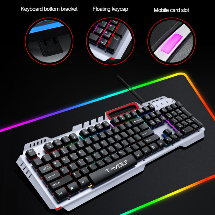 T-WOLF Tastiera cablata da gioco con piastra metallica con effetti di luce fantastici con supporto per telefono, T16