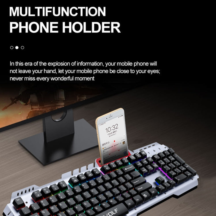 T-WOLF Tastiera cablata da gioco con piastra metallica con effetti di luce fantastici con supporto per telefono, T16