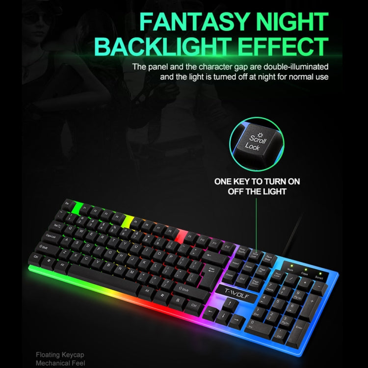 T-WOLF TF230 Kit tastiera e mouse cablati per computer da ufficio con giochi di effetti di luce colorati, TF230 (Black), TF230 (White)