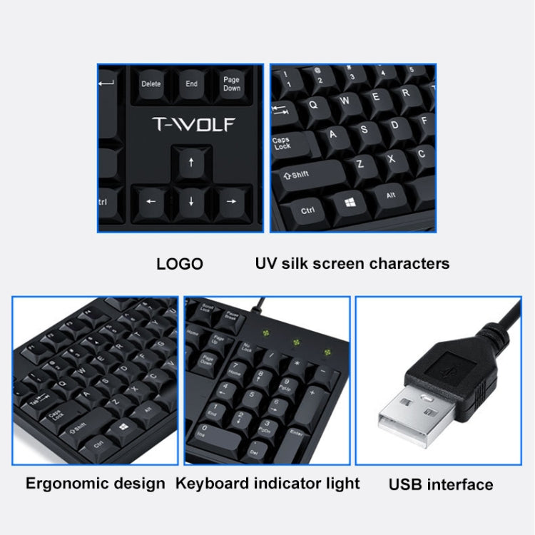 Tastiera cablata T-WOLF a 104 tasti USB per computer, casa e ufficio, T15
