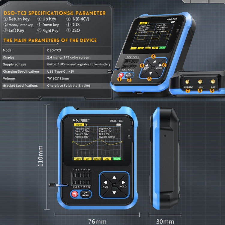 Tester per transistor LCR per oscilloscopio digitale portatile 3 in 1 FNIRSI, DSO-TC3 Standard, DSO-TC3 Upgrade