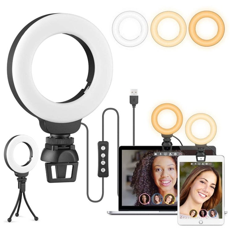 YRing48 Luce di riempimento dell'anello di bellezza dal vivo per videoconferenza con videocamera per laptop da 4 pollici e 48 LED, Clip Set, Clip with Tripod