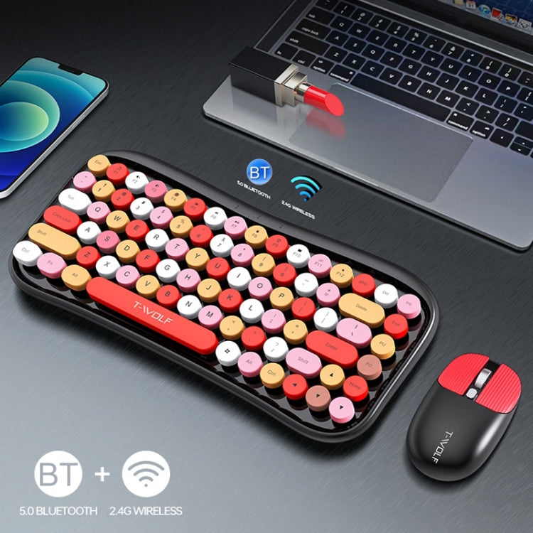 Set tastiera e mouse wireless retrò dual-mode Bluetooth T-WOLF TF660 2.4G+5.0, TF660(Black Red), TF660(Milk Tea Color), TF660(Blue)