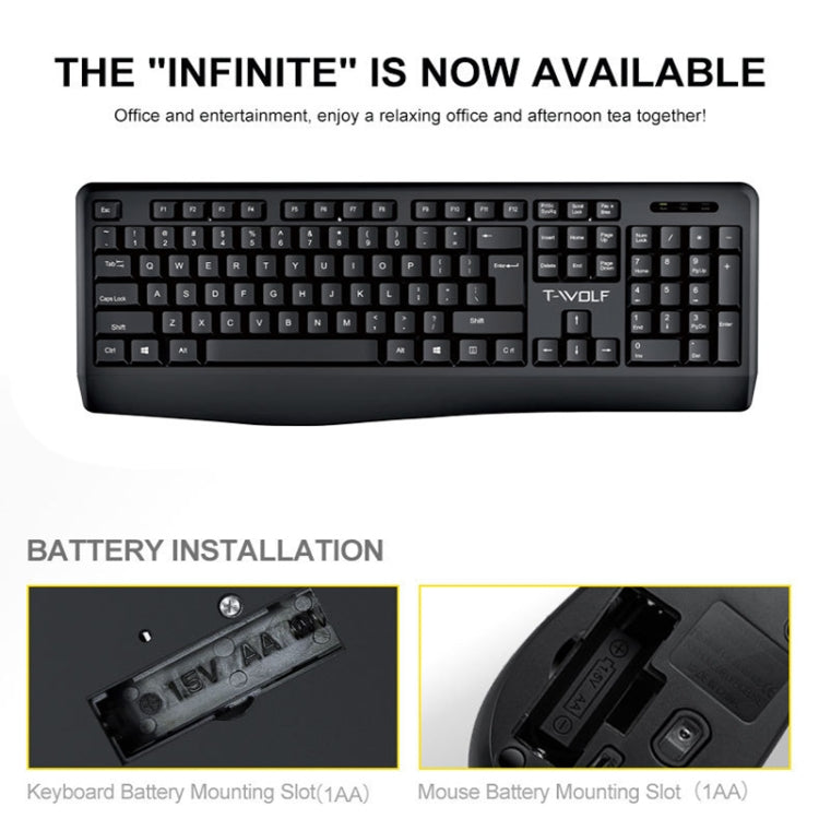 Set tastiera e mouse wireless per laptop da ufficio T-WOLF TF-100 2.4G Bluetooth, TF-100(Black)