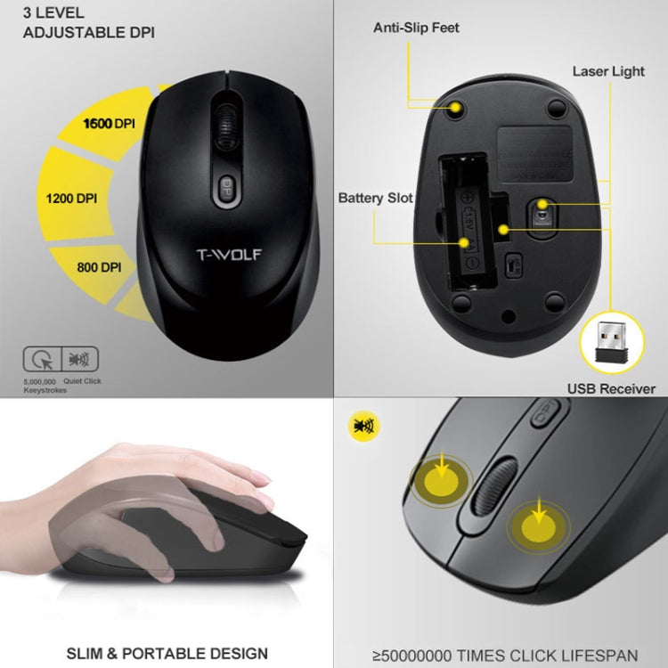 Set tastiera e mouse wireless per laptop da ufficio T-WOLF TF-100 2.4G Bluetooth, TF-100(Black)