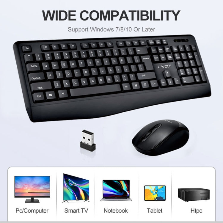 Set tastiera e mouse wireless per laptop da ufficio T-WOLF TF-100 2.4G Bluetooth, TF-100(Black)