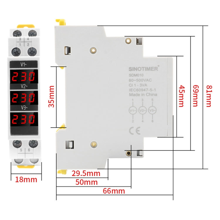 SINOTIMER SDM010 Strumentazione elettronica voltmetro digitale trifase CA tipo binario modulare, SDM010
