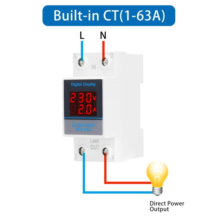 SINOTIMER SDM002 Misuratore di tensione e corrente a doppio display CA monofase su guida DIN per uso domestico, 63A Build-In Intestinal Sensor, 100A External Intestinal Sensor