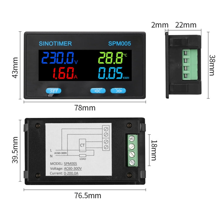 SINOTIMER SPM005 Misuratore di monitoraggio multifunzionale per tensione corrente corrente elettrica display digitale CA, 20A, 100A, 200A