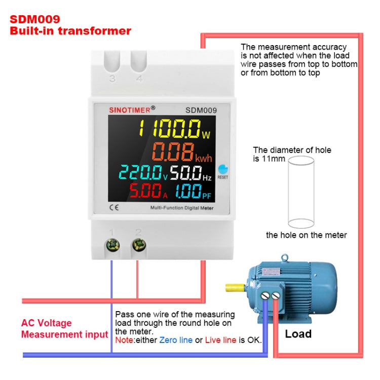SINOTIMER SDM009 Misuratore multifunzionale di elettricità con fattore di potenza corrente monofase su guida Din, AC40-300V Built-In, AC40-300V External, AC250-450V Built-In, AC250-450V External