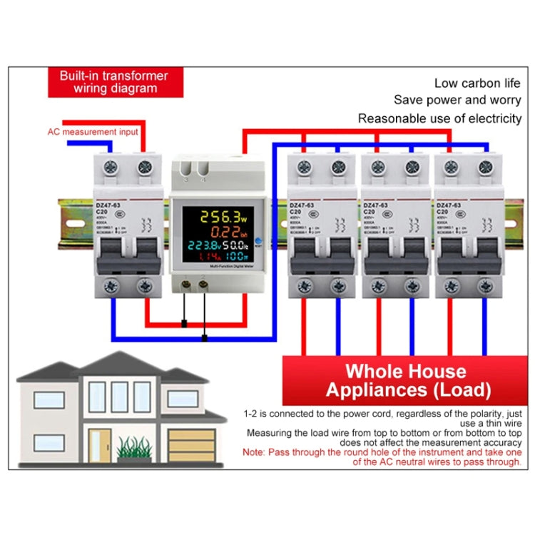 SINOTIMER SDM009 Misuratore multifunzionale di elettricità con fattore di potenza corrente monofase su guida Din, AC40-300V Built-In, AC40-300V External, AC250-450V Built-In, AC250-450V External