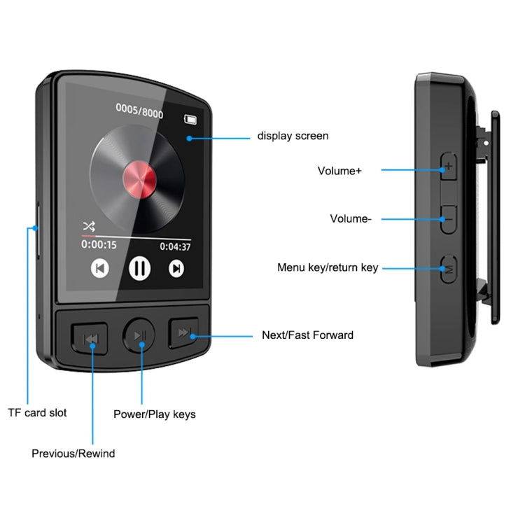 Schermo a colori da 1,8 pollici Registrazione MP3/MP4 Walkman sportivo Bluetooth con clip posteriore, No Memory Card, 8GB, 16GB, 32GB, 64GB, 128GB