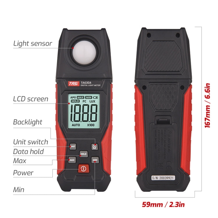 Misuratore di luce digitale Illuminamento Luxmetro Display LCD retroilluminato 0.1-200000LUX/0.01-20000FC Tester per sensore di luce, TA630A