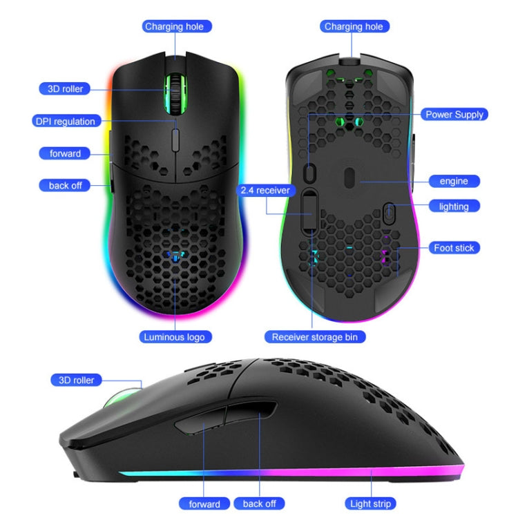 XUNSVFOX XYH80 Mouse da gioco wireless ricaricabile con foro cavo Mouse da ufficio per computer con luce RGB, XYH80