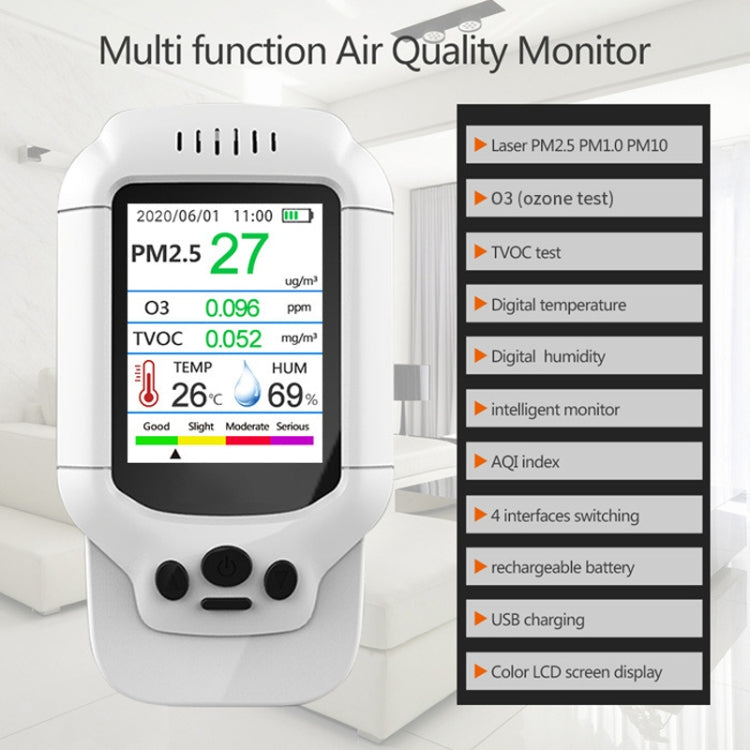 Rilevatore di qualità dell'aria 8 in 1 PM2.5/PM1.0/PM10/HCHO/TVOC/O3/monitor temperatura/umidità, DM502-O3
