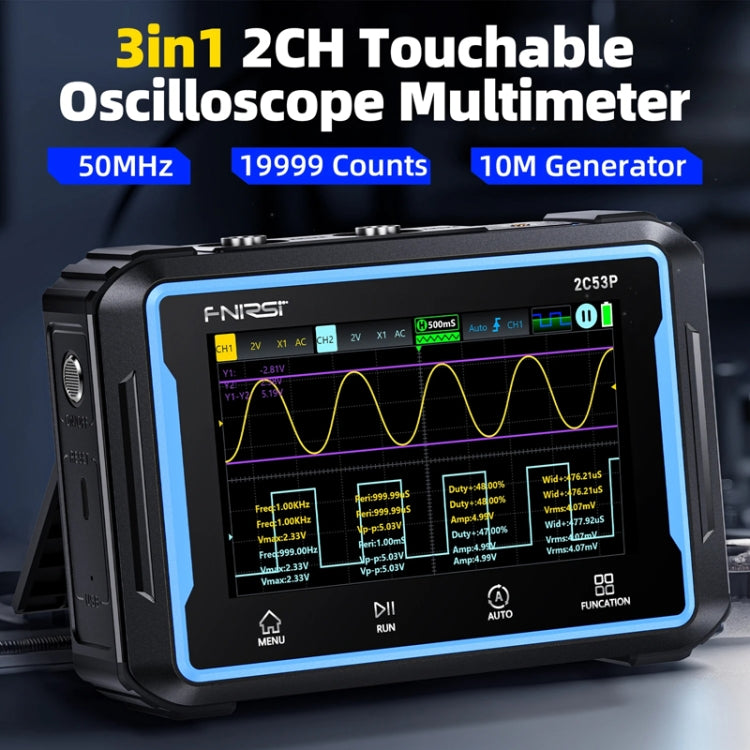 FNIRSI 2C53P Generatore di segnali multimetro per oscilloscopio digitale a schermo piatto a doppio canale 3 in 1, 2C53P