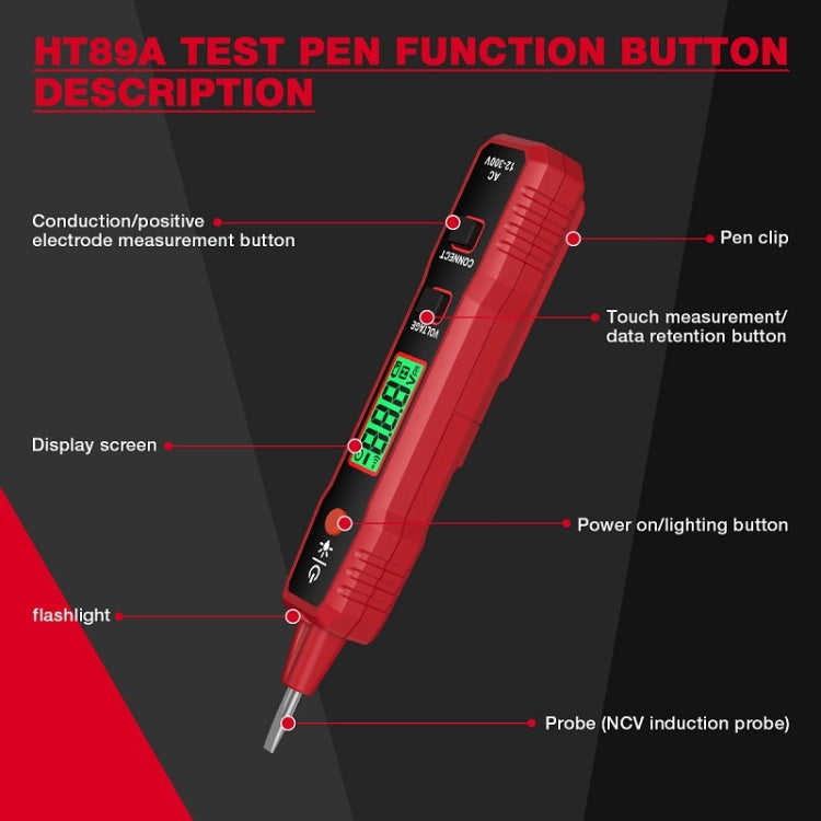 Penna di prova ad alta sensibilità con display digitale LCD, allarme luminoso, suono, HT89A