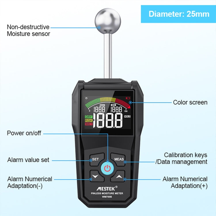 MESTEK WM700B Rilevatore di umidità del legno senza contatto con funzione di allarme schermo LCD