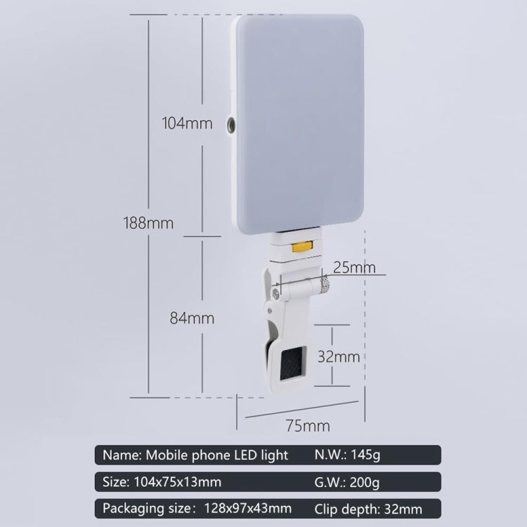 Luce di riempimento a clip ricaricabile da 60 LED con clip anteriore e posteriore regolata in 3 modalità di luce per il telefono, A Type Blue, B Type Blue, A Type White, B Type White