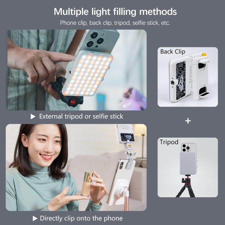 Luce di riempimento a clip ricaricabile da 60 LED con clip anteriore e posteriore regolata in 3 modalità di luce per il telefono, A Type Blue, B Type Blue, A Type White, B Type White