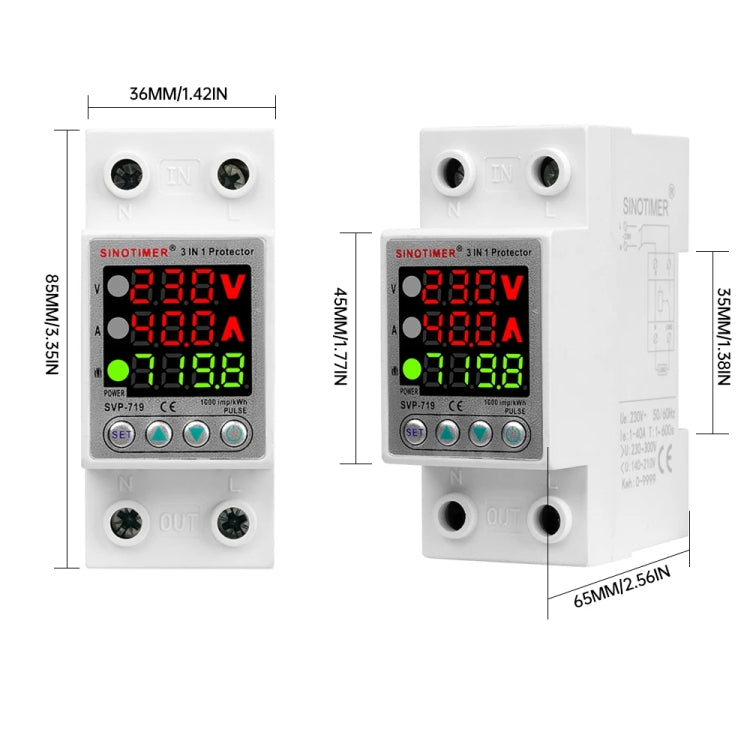 Protezione da sovratensione. Monitoraggio dell'utilizzo dell'elettricità. Voltmetro di potenza, SINOTIMER SVP-719 40A_N, SINOTIMER SVP-719 63A_N
