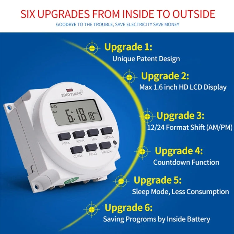 Interruttore timer elettronico digitale programmabile settimanale 7 giorni, SINOTIMER TM618N-1 110V, SINOTIMER TM618N-2 220V, SINOTIMER TM618N-3 24V, SINOTIMER TM618N-4 12V, SINOTIMER TM618N-6V