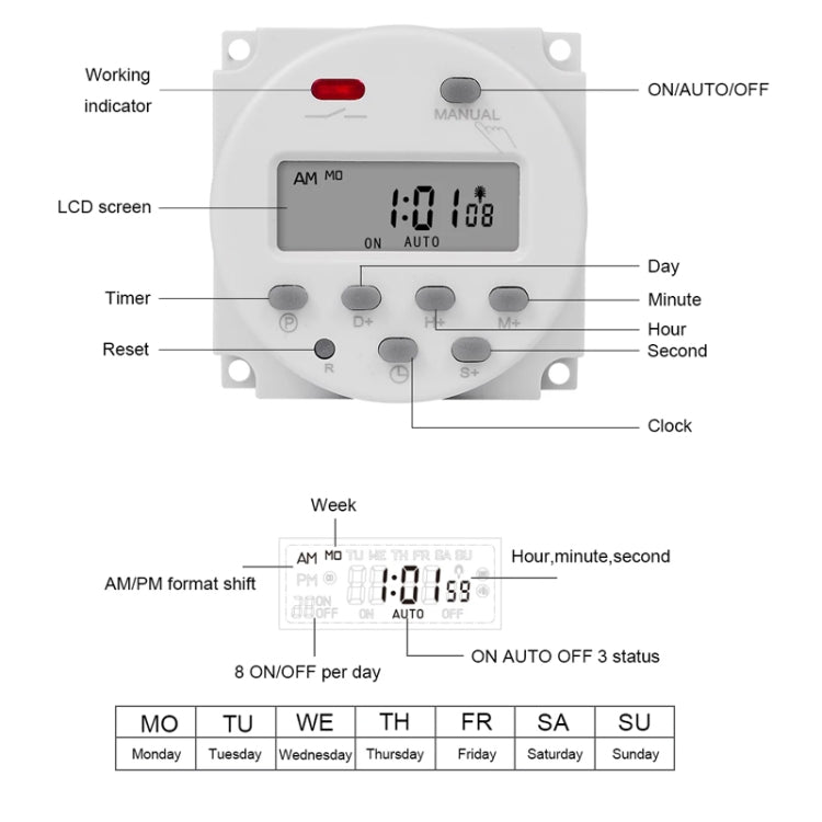Timer digitale LCD a intervalli di 1 secondo, relè programmabile per 7 giorni alla settimana, SINOTIMER CN101S-110V, SINOTIMER CN101S-2 220V, SINOTIMER CN101S-3 24V, SINOTIMER CN101S-4 12V, SINOTIMER CN101S-5V