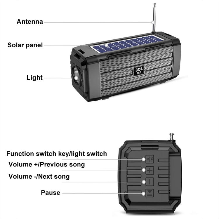 BDL-187 LED Light Solar Wireless Bluetooth Speaker Portatile da Campeggio all'Aperto Radio FM