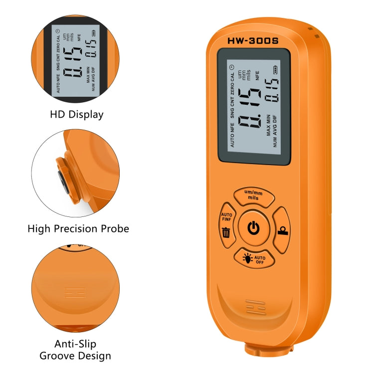 Misuratore di spessore del rivestimento ad alta precisione HW-300S Misuratore di pellicola di vernice antiscivolo, Orange Horizontal Screen, Orange Vertical Screen, Black Horizontal Screen, Black Vertical Screen
