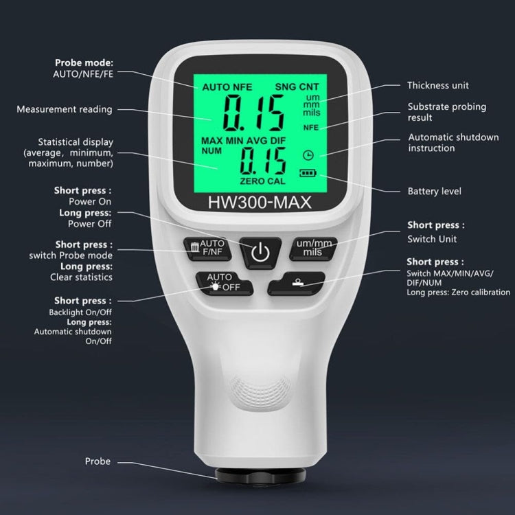 Misuratore di spessore del rivestimento HW300-MAX Misuratore di pellicola di vernice antiscivolo, White, Black