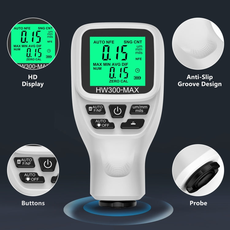 Misuratore di spessore del rivestimento HW300-MAX Misuratore di pellicola di vernice antiscivolo, White, Black