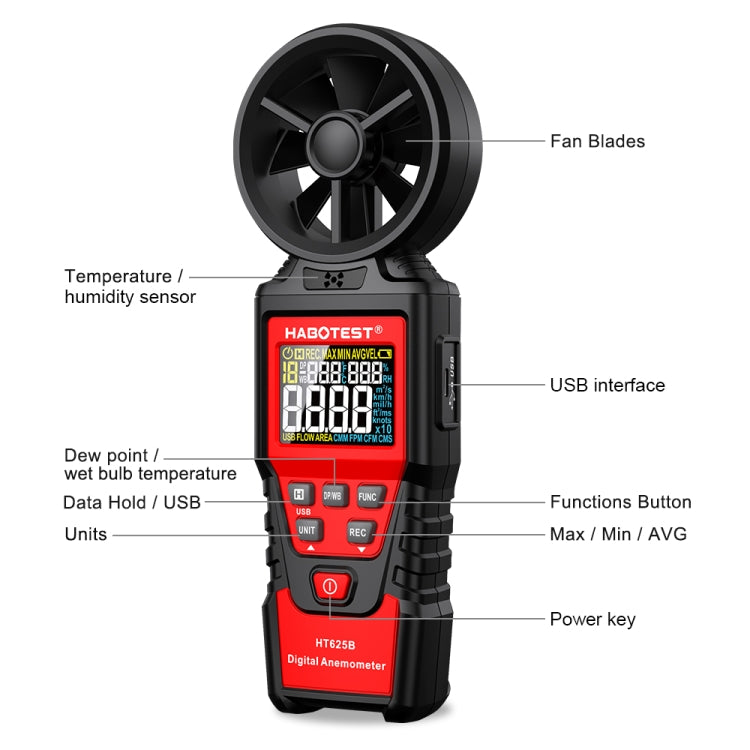 Anemometro digitale portatile ad alta precisione HABOTEST con USB, HT625B