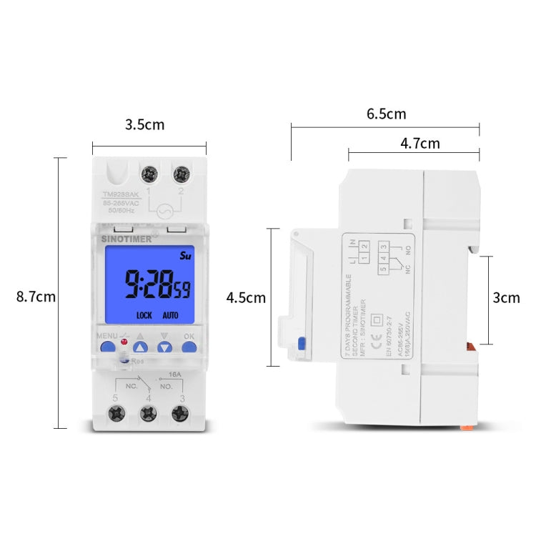 SINOTIMER TM928SAKL 85-265V 16A 1 secondo a 168 ore Interruttore orario elettronico programmabile, 16A