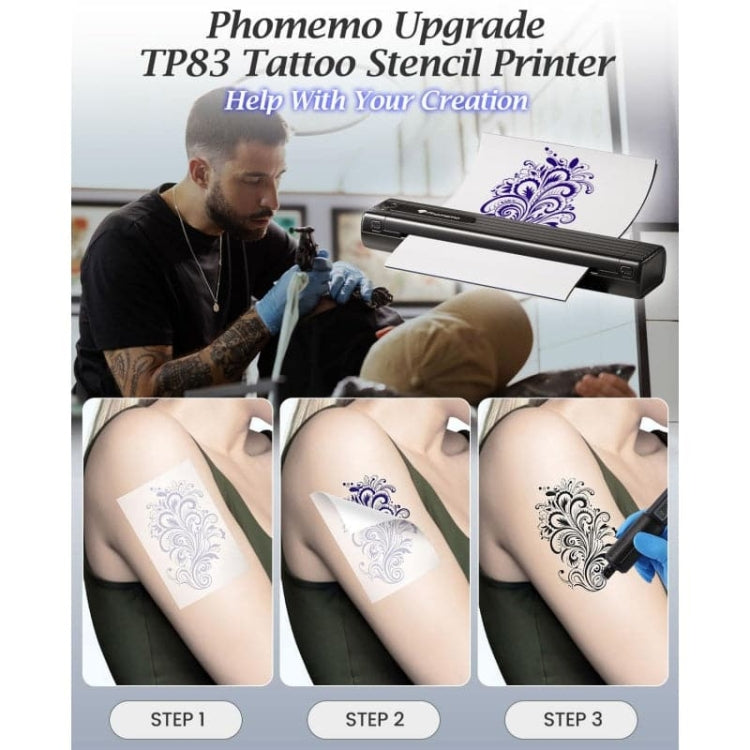 Stampante per stencil per tatuaggi wireless Phomemo TP83-BK con 10 fogli di carta transfer