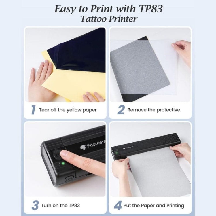 Stampante per stencil per tatuaggi wireless Phomemo TP83-BK con 10 fogli di carta transfer