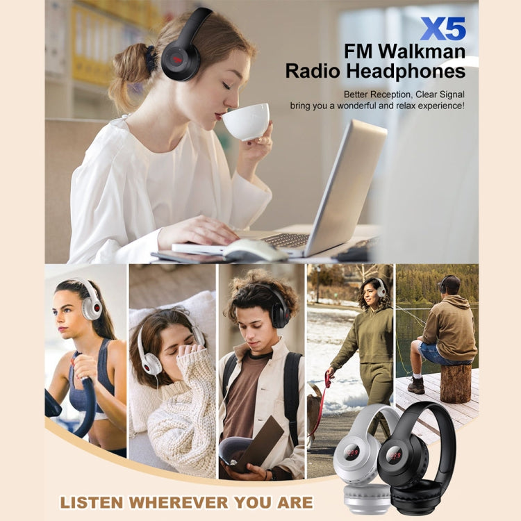 X5 Cuffie radio FM con display digitale portatile e pieghevoli, Charging White, Charging Black, Bluetooth White