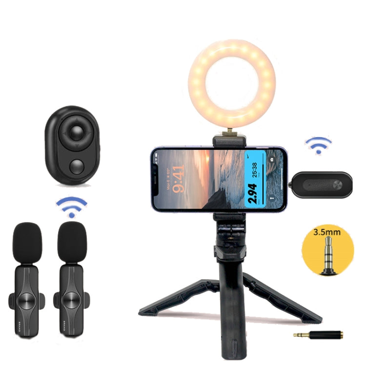 Ricevitore da 3,5 mm Microfono Lavalier wireless Set treppiede con luce di riempimento da 9 pollici per fotografia dal vivo, Single Mic, Double Mic