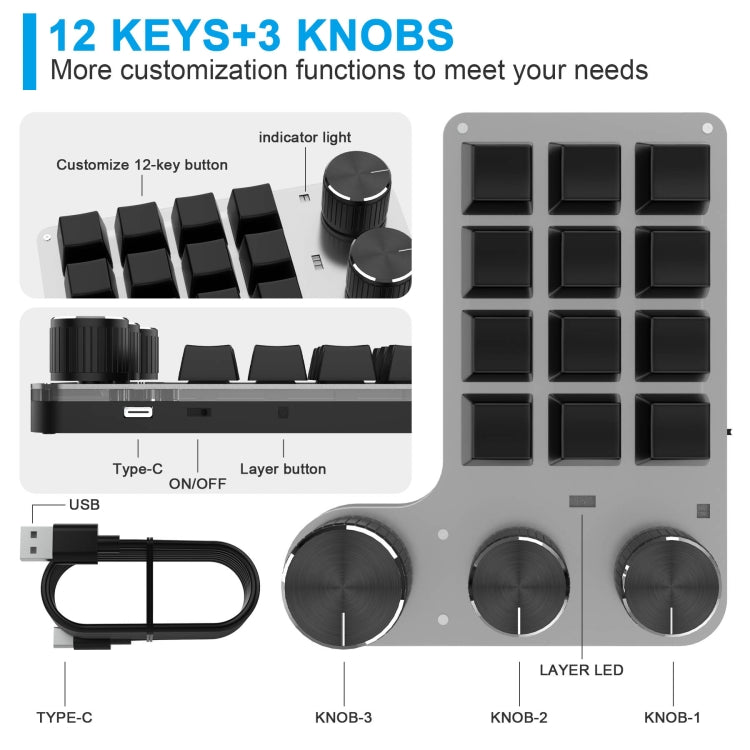Tastiera di programmazione con disegno personalizzato a 3 manopole cablate a 12 tasti con modulazione del volume, 12 Keys+3 Knobs