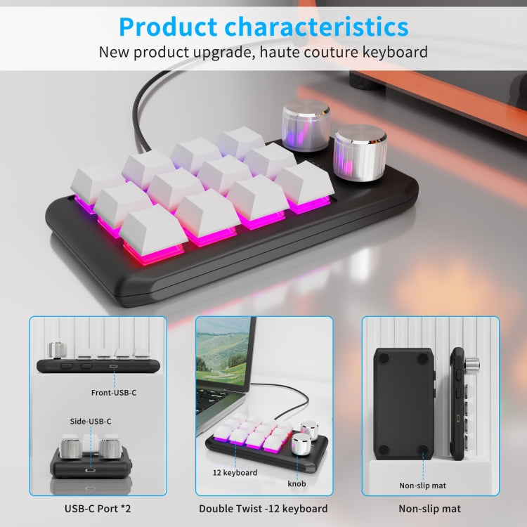 12 tasti cablati con luci RGB Tasti di scelta rapida per tastiera da ufficio personalizzati Controllo del volume audio del computer, 12 Keys+2 Knobs