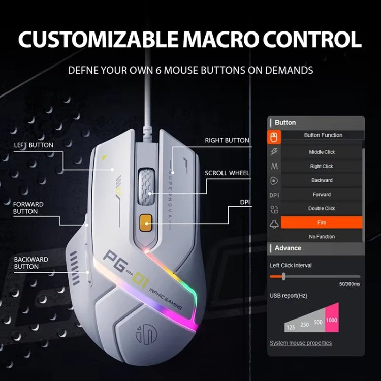 Mouse cablato per giochi per computer con emissione di luce RGB Inphic PG1, PG1