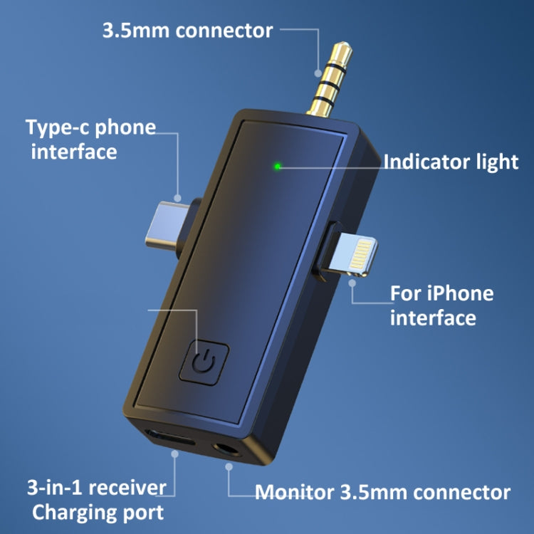 Microfono Lavalier wireless 3 in 1 per iPhone Type-C / USB-C Jack da 3,5 mm Smartphone Fotocamera SLR PC, 1 Drag 1, 1 Drag 2