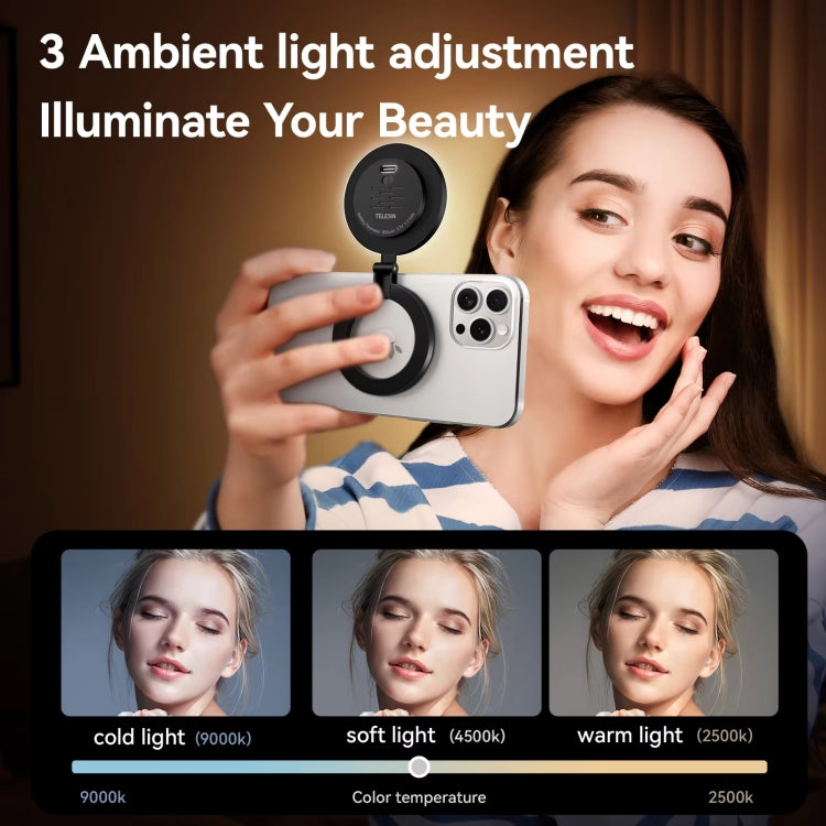 TELESIN Luce magnetica per selfie, ricaricabile, design reversibile, luce di riempimento, P5-BGD-01