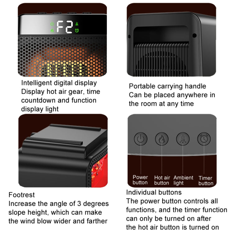 Riscaldatore PTC da tavolo E03 con luce a fiamma dinamica, US Plug, EU Plug, UK Plug