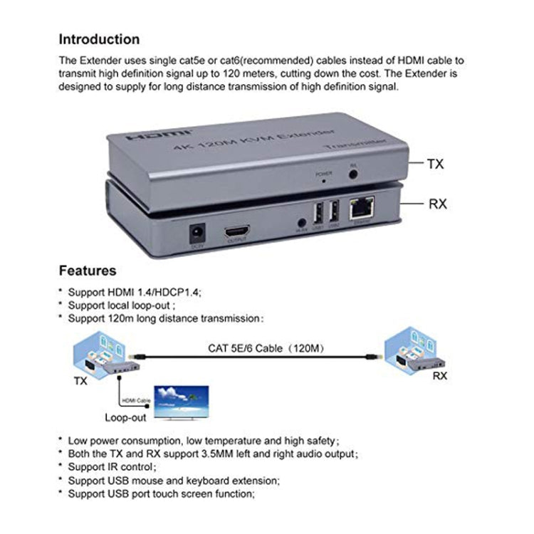 KVM 120m 4K HD Extender Computer Mouse Tastiera HDMI Singolo Cavo Ethernet Trasmettitore + Ricevitore, US Plug, UK Plug, EU Plug