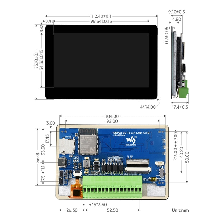 Scheda di sviluppo LCD touch Waveshare ESP32-S3 da 4,3 pollici 800×480, 4.3-inch without Case, 4.3-inch with Case