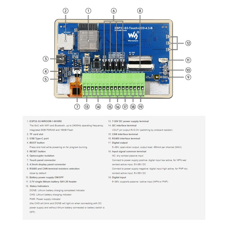 Scheda di sviluppo LCD touch Waveshare ESP32-S3 da 4,3 pollici 800×480, 4.3-inch without Case, 4.3-inch with Case