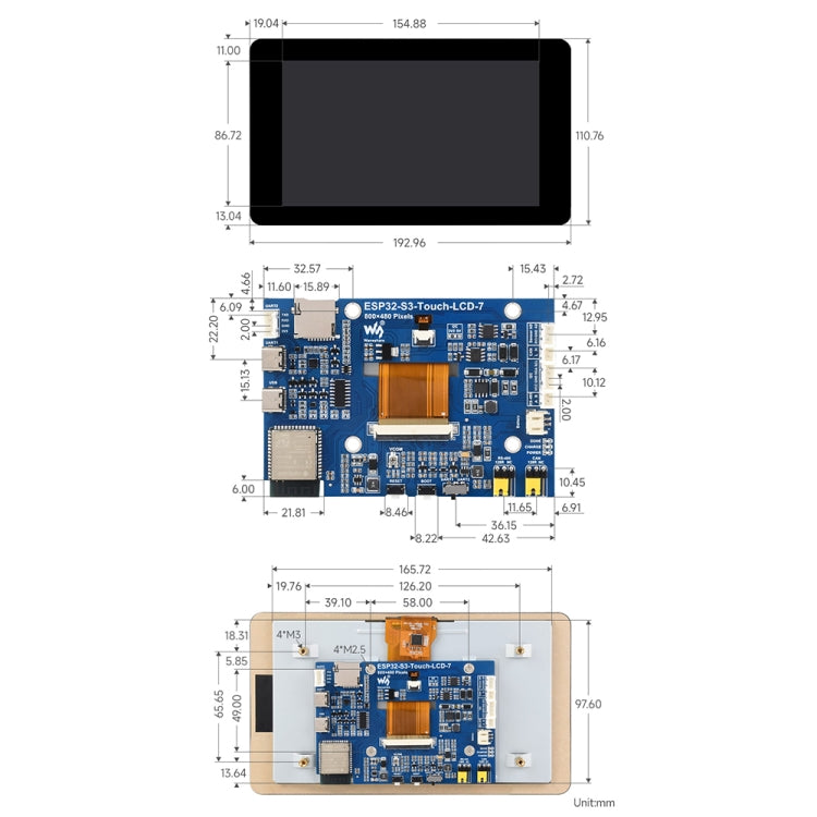 Scheda di sviluppo per display touch Waveshare ESP32-S3 da 7 pollici 800 x 480, 7-Inch