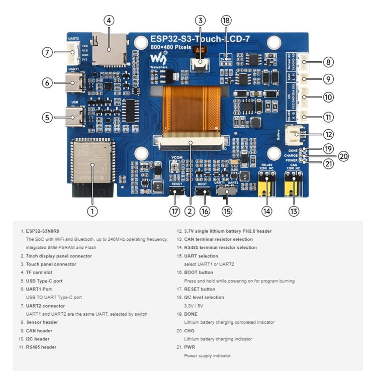Scheda di sviluppo per display touch Waveshare ESP32-S3 da 7 pollici 800 x 480, 7-Inch